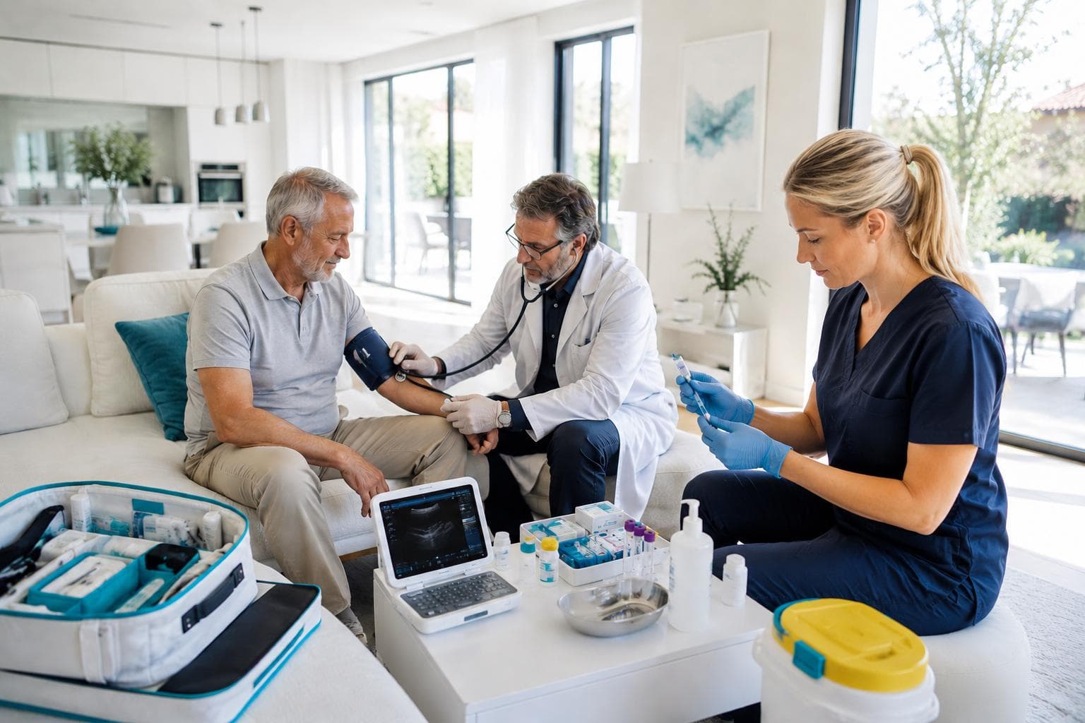 Sağlık ekibi, evde check-up ölçümleri yapıyor