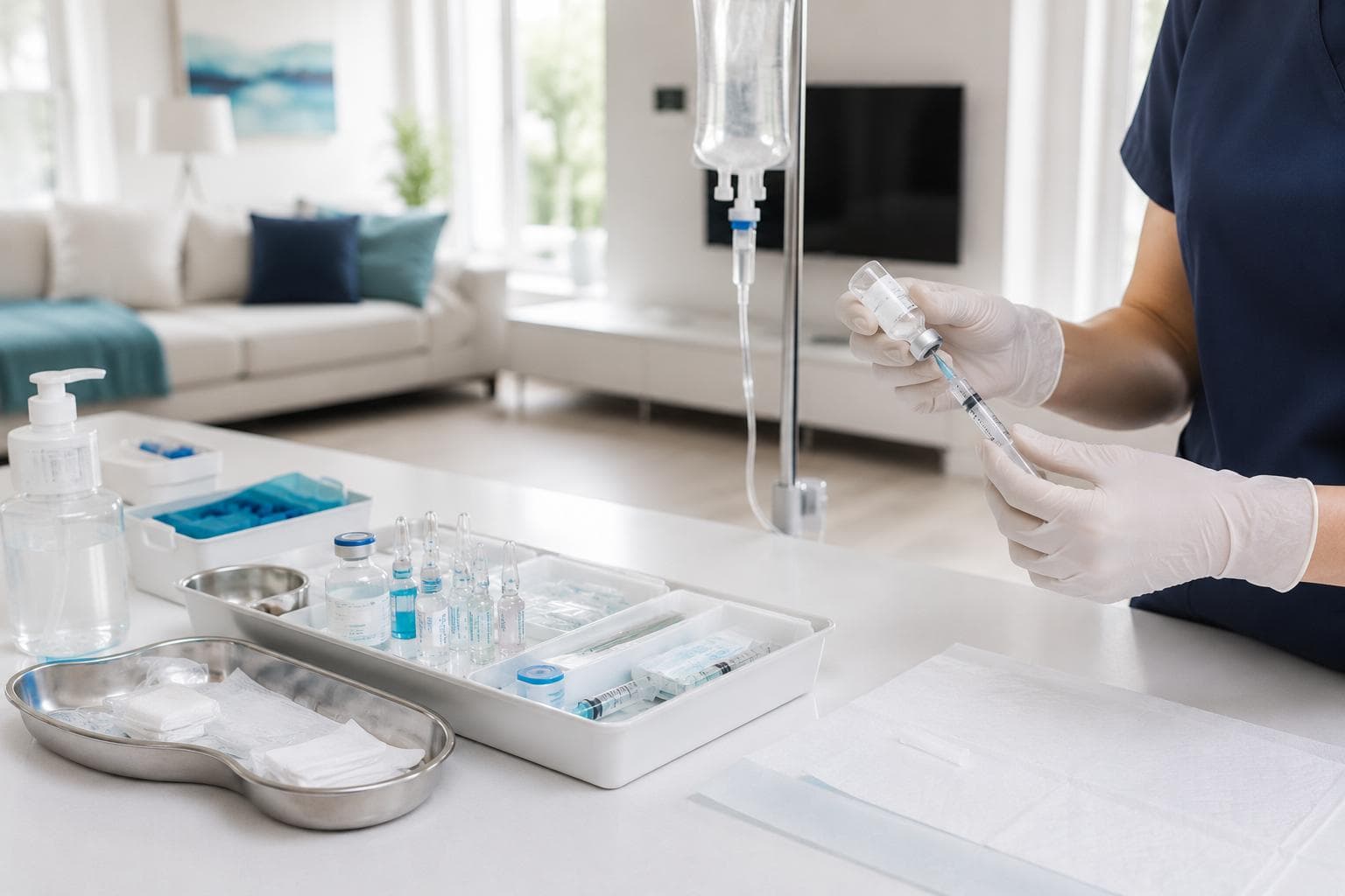 Hemşire, evde bir hastaya serum uygulaması yapıyor
